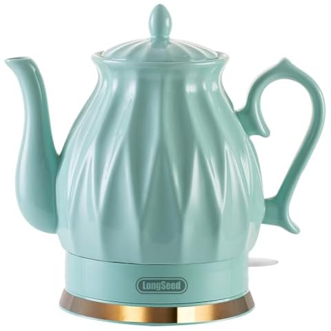 LONGSEED Ceramic Electric Kettle, 1.5L/1200W Boil Water Quickly and Easily with Boil-Dry Protection Auto Shut Off, Detachable Swivel Base, Diamond Cut Glazed Cover