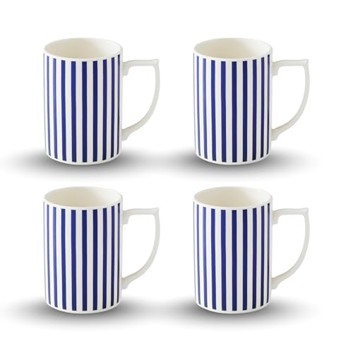Spode Steccato Collection - 12oz Coffee Mug with Large Handles, Stripe Cobalt Blue (Set of 4) | Fine Earthenware | Dishwasher and Microwave Safe | Cup For Coffee, Tea, Latte, and Hot Chocolate
