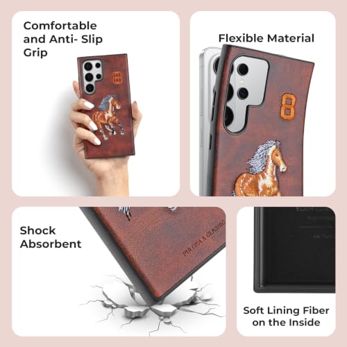 Image of PULOKA - Mobile Cover Compatible for Samsung S26 Ultra - Horse Embroidery - Sleek & Stylish - Protective & Anti Scratch Phone Cover Vegan Leather Back Case - Men & Women - Santa Barbara Polo - Brown