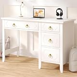 Catrimown 45 Inch White Computer Desk with 4 Drawers, Small Desk for Writing Study, Makeup Vanity Desk with Golden Handle for Girls, Home Office Desk for Bedroom