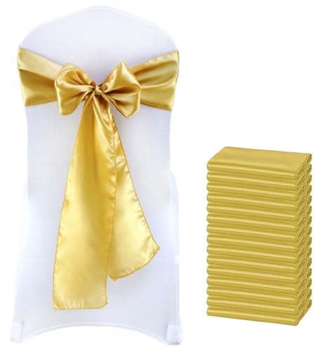 MDS Satin Chair Sashes, 25 Pack, 7”x108” Each, Decorative Chair Bows Ribbon Tie Backs for Wedding Party, Holiday Dinner, Birthday, Reception, Banquet, Hotel & Event Decoration - Gold