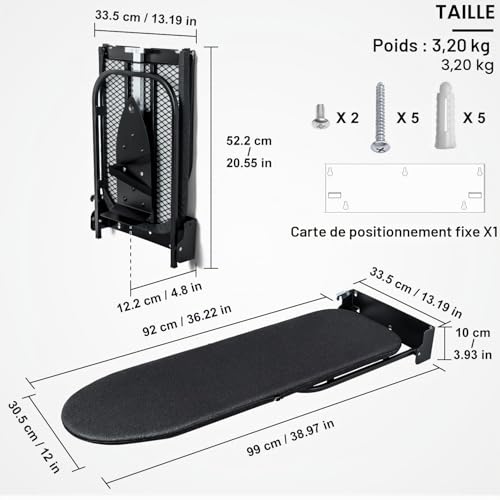 Planche à repasser murale Duwee noire 32 x 93 cm avec armoire pliante et support - 3