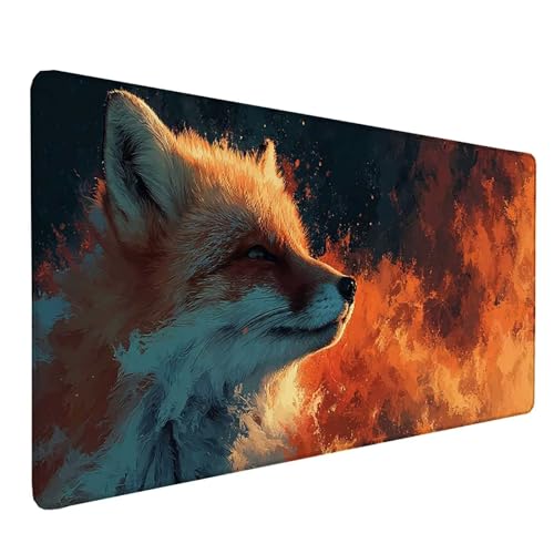 Tapis de souris XXL renard jaune, sous-main de bureau 150x80cm haut de gamme aux finitions cousues