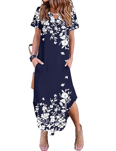 Image of Zeagoo Womens Maxi Summer Dress with Pockets Casual Short Sleeve Sundress Trendy 2026 Curve Hem Long Dress