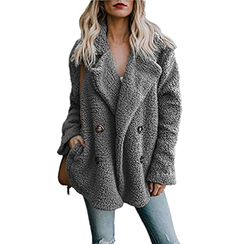 Veste De Manteau De Poche à Revers en Peluche pour Femmes, Couleur Unie, Chaude Et Confortable