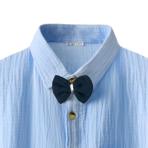 Image of Bold N Elegant Kids Linen Solid Shirt & Shorts Co-Ord Set|Stylish Party Short-Sleeve Shirt With Bow & Comfy Shorts|Cool & Comfortable Summer Wear