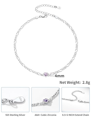 SILVERCUTE June Birthstone Ankle Bracelet 925 Sterling Silver 3mm Figaro Chain Anklets for Women, 8.5\"-10.5\"