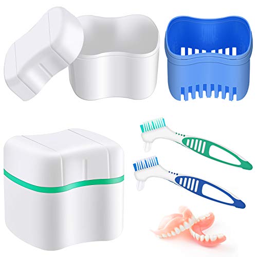 2 Cajas Tazas de Baño para Dentaduras Postizas con 2 Cepillos Limpiadores de Dentaduras Contenedor de Prótesis con Cesta Envase Funda de...
