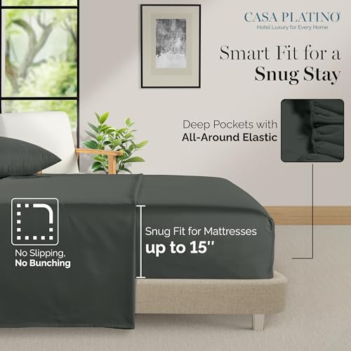 Casa Platino 100% Egyptian Cotton Sheets Twin XL Size Set - 4 Pcs (1 Flat, 1 Fitted, 2 Pillowcases)- Ultra Smooth Sateen Weave Bed Sheets Set with 15" Deep Pockets - Dark Grey