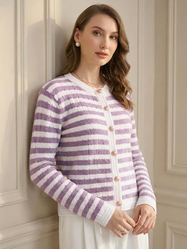 Image of Hobemty Women's Striped Knit Cardigan Long Sleeve Button Down 2025 Spring Fall Ribbed Sweater Top