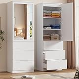 Elancee Kleiderschrank mit Spiegel,Mehrzweckschrank mit 3 Einlegeböden & 3 Schubladen, kompakter und funktionaler Schrank,Haushaltsschrank für Schlafzimmer, Flur oder Arbeitszimmer,180x50x40 cm,Weiß