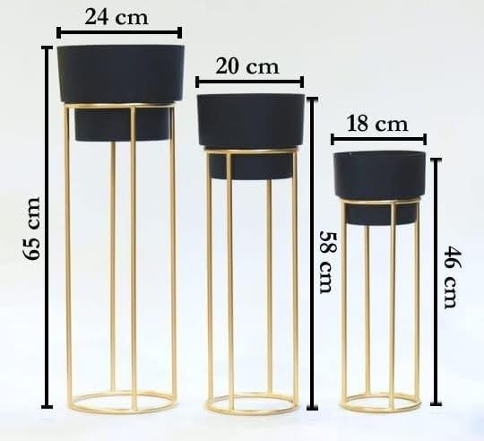 Image of ZM Handicrafts Metal Floor Planter Pot Stand with Gold Finish, Set of 3, Modern Style, for Living Room, Bedroom, Balcony, Office | Indoor / Outdoor Flower Pot Stand with Pots (Black Pot)