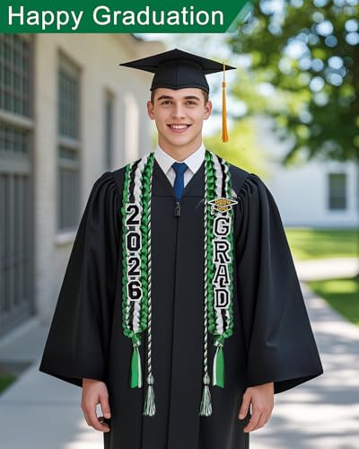 Image of Yigney Graduation Lei Set Class of 2026 Grad Ribbon Leis with Honor Cord Double Braided Graduate Leis for Men Women Green Black White
