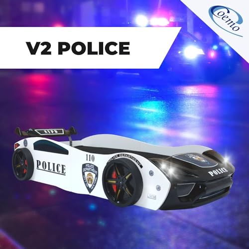 Coemo Kinder Autobett V2 Police Kinderbett 90x200 im Rennwagen super Streifenwagen Design mit LED Beleuchtung und Lattenrost für Jungen und Mädchen - Betten Farbe Weiß