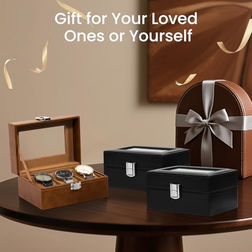 Image of Uten 3-Slot Watch Box, PU Leather Watch Case with Glass Lid, Watch Holder Organizer with Soft Pillow and Velvet Lining, Watch and Jewelry Storage Box, Brown