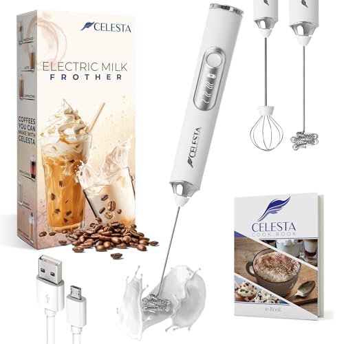 Celesta Espumador de leche electrico de mano - Batidora leche espuma recargable USB - 2 Varillas Acero Inoxidable + cable USB, espumador y batidor de huevos