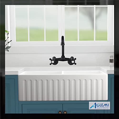Aolemi Matte Black Kitchen Wall Mount Sink Faucet 6 Inch Center Ajustable 3 To 9 Inch Hole Distance Double Cross Handle Commercial Mixer Tap Swivel Spout #TOP6