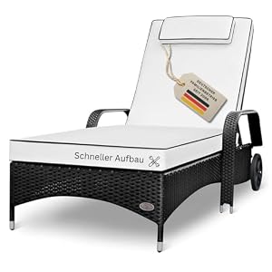 RS Trade Sonnenliege Gartenliege Wetterfest Rattan – XXL Relaxliege extra breit mit Rollen & Armlehnen, Verstellbar, bis 200kg, Outdoor Liege für Garten, Terrasse & Balkon, schwarz mit weißer Auflage