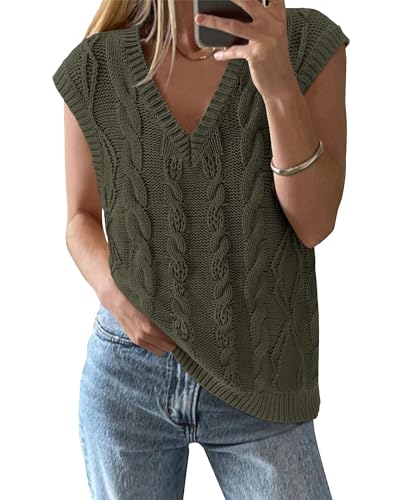 BTFBM Sweater Vest Women Oversized V Neck Cable Knit Casual Pullover Sweaters Fall Outfits 2025 Sleeveless Tops(Army Green, Large)
