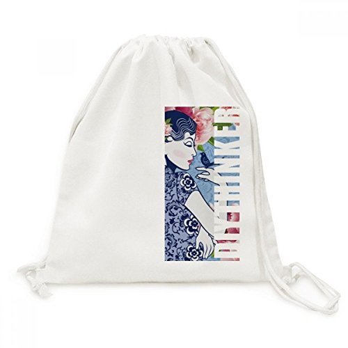Sac à dos à cordon en toile pour femme avec motif traditionnel d'oiseau et fleur de style chinois