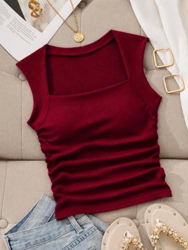 Image of ADBUCKS Women's Ribbed Square Neck Tank Top - Double Layered Ruched Vest, Slim Fit Stretch Fabric Sleeveless Top Without Chest Pad