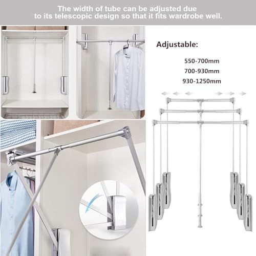 Adjustable Pull Down Closet Rod - 15 lbs Capacity, Stainless Steel Soft-Close Wardrobe Lift Rail Organizer for Clothes, Two-Way Buffering, Silver, 930x1250mm