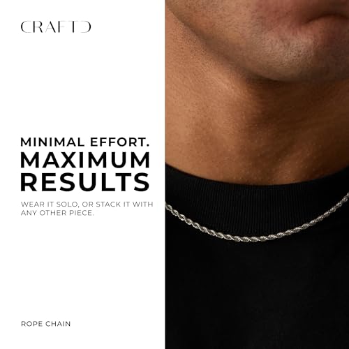 CRAFTD | Silver Rope Link Chain | Durable Rhodium & 316L Stainless Steel | Waterproof, Heat & Sweat Resistant | Gifts for Men | Men's Jewelry |2