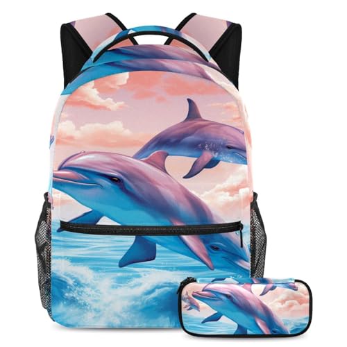 Lot de 2 cartables grande capacité motif baleine avec trousse pour ados