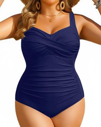 Image of Women Plus Size One Piece Swimsuits Tummy Control Twist Front Bathing Suit | Unremovable Bra, Sweetheart Neckline, Wide Adjustable Straps, Ruched Stomach, Side-Splicing Design, Full Coverage Bottom