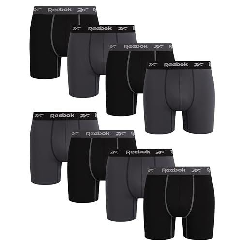 Reebok Mens Boxer Briefs - 8 Pack Stretch Performance Moisture Wicking Mens Underwear Boxers with Contour Pouch (Sizes: S-XL), Size Large, Black/Blackened Pearl