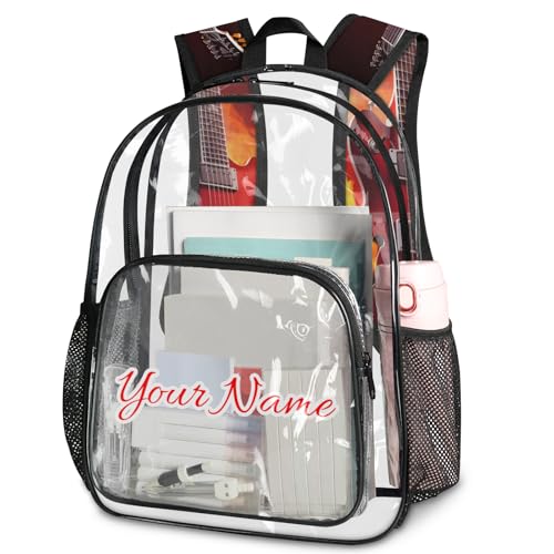 Personalized Large Clear Backpack Stadium Approved Heavy Duty PVC Plastic Custom Funny Guitar Transparent Backpacks See Through Bag with Name, Retro Electric Guitar Music