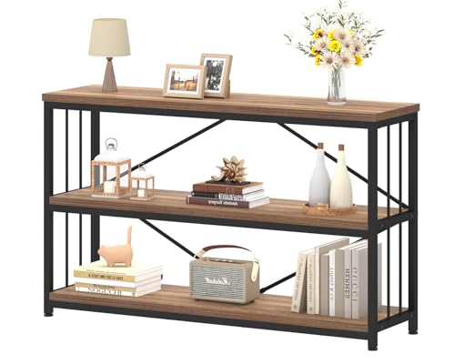 IBF 3 Tier Bookshelf Storage Organizer, Industrial Short Wide Open Horizontal Bookcase, Farmhouse Low Wood Metal Book Shelf for Office, Modern Vintage Etagere in Bedroom Living Room, Rustic Oak, 47 In