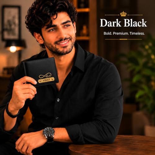 Image of Personalized Wallet for Men with Name & Charm | PU Leather Wallet, Pen & Keychain Combo Gift Set for Men | Birthday Anniversary Corporate Gift for Husband Boyfriend Father (Dark Black)