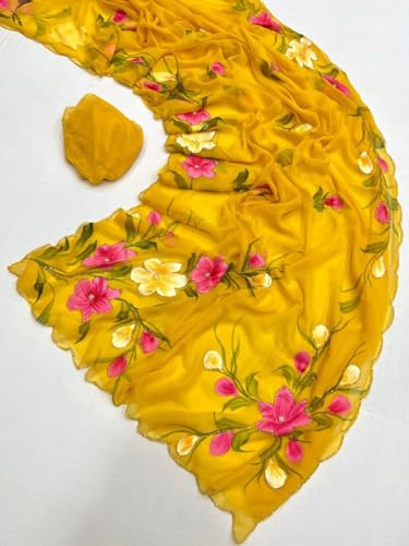 Image of Arkia Women's Floral Hand Embroidered Hand Painted Saree with Blouse Piece