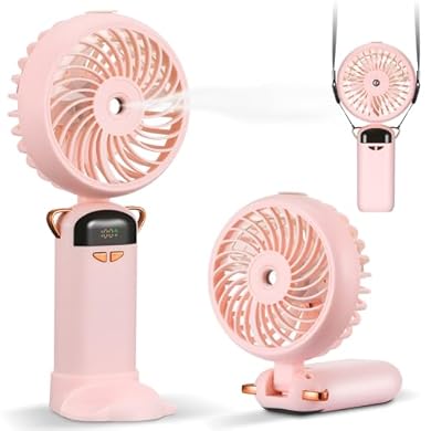Foto di Kssvzz Mini Ventilatore Portatile con Nebulizzatore D'acqua, Ventilatore USB Ricaricabile con Base, Display Digitale, 5 Velocità, Ventilatore Pieghevole per Viaggi, Campeggio e All'aperto (Rosa)