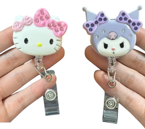 2 Pcs Cute Cartoon Retractable Badge Reel Holders – Kawaii Clip-On ID Badge Holders with Keyring & 24” Cord Extension – Fun Animal Nurse & Office Badge Reels for Teachers, Students.
