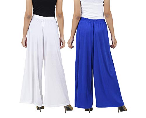 Image of Buy That Trendz M to 4XL Cotton Viscose Loose Fit Flared Wide Leg Palazzo Pants for Women White Royal Blue Combo Pack of 2