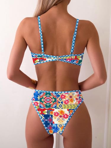 Image of Fanuerg Women's Triangle Bikini Sets O Ring Linked Two Piece Swimsuits Floral Printed Cheeky Bathing Suit