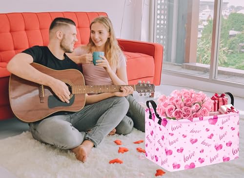 Image of Rec Heart Print Box Hamper Storage Basket Collapsible Organizer Bin Gift Shelf Baskets for Home and Kitchen Storage
