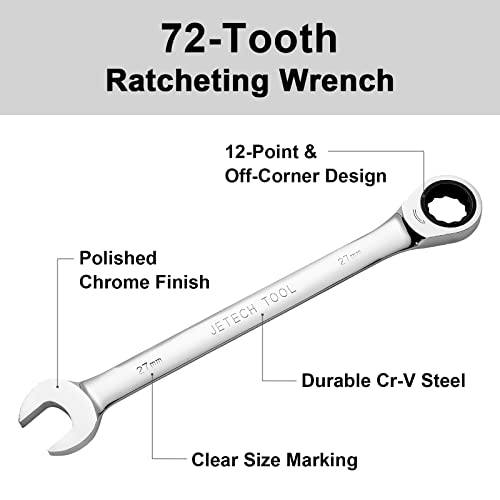 Jetech 27mm Gear Wrench - Metric Industrial Grade Cr-V Steel Ratcheting Combination Wrench, Ratchet Spanner in Polished Chrome Finish - Image 2