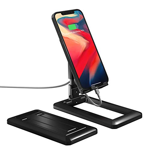 Phone Holder, Fully Foldable Non-Slip Phone Stand for Desk, Cradle Dock Compatible with Smartphones/iPhone/iPad/Tablet/Kindle, Adjustable Height Angle Desktop Cell Phone Stand Black