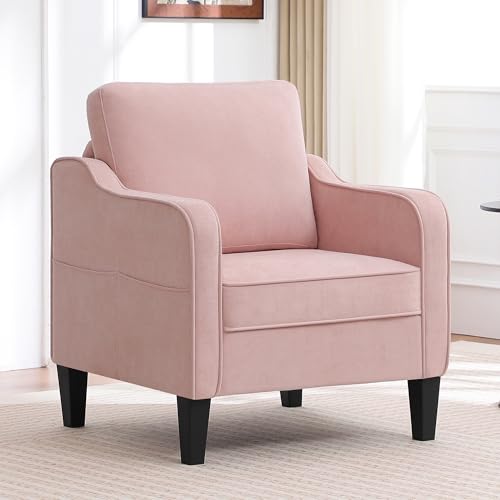 choairy Accent Chair for Living Room, Mid Century Modern Reading Chair for Bedroom, Upholstered Armchair with Side Pockets, Comfy Single Sofa Side Chair for Office, Apartment, Small Room, Pink