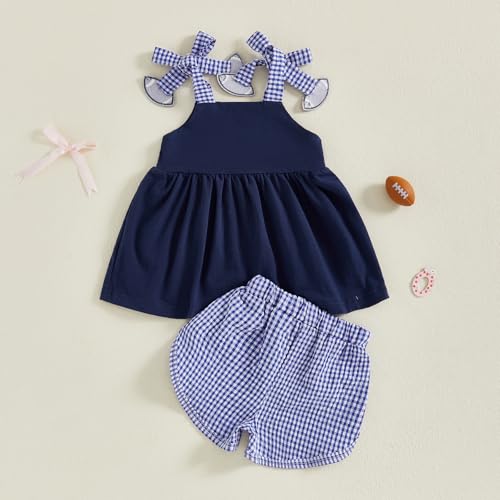 Dcohmch Baby Girl Summer Clothes Toddler Football Outfits Bow Straps Rugby Print Camisole Elastic Plaid Shorts Set3