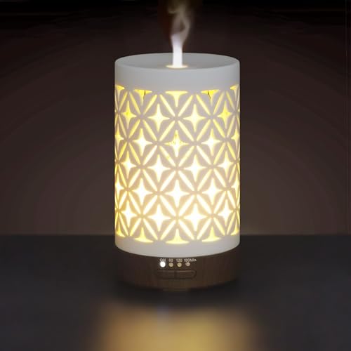 Earnest Living Essential Oil Diffuser for Home White Ceramic 100ml Aromatherapy Diffuser with 4 Timers 7 Night Lights and Auto Off Function (no Beep!) for Essential Oils Version 2