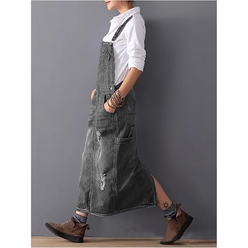 Image of loveimgs Women Distressed Denim Overall Dress Bib Long Jean Jumper Ripped Adjustable Straps Patchwork Pinafore Dress