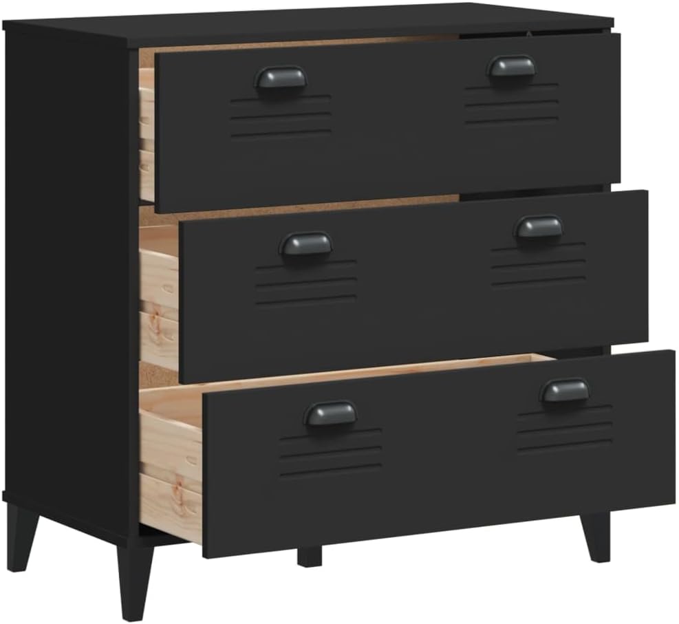 Industrial Black Drawer Cabinet with Three Smooth Drawers Engineered Wood Storage Furniture for Office Bedroom Living Room
