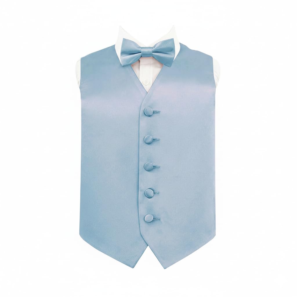 DQT Boys Plain Satin Waistcoat & Pre-Tied Bow Tie Set (2pc) - Wedding Pageboy Formal Vest - Dusty Blue 7–8 Years (28")