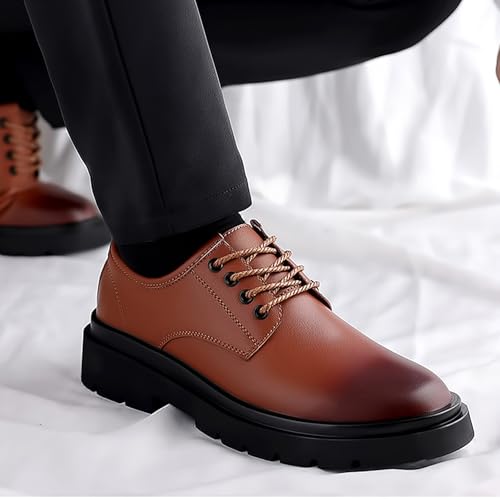 Men's Leather Lace Up Platform Oxfords Brown Round Toe Chunky Heel Lug Sole Heightening Soft Bottom Derby Casual Shoes Classic Work Office Business Dress Shoes2