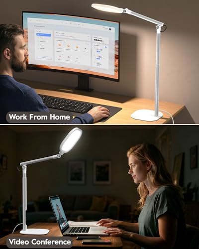 Image of Led Desk Lamps for Home Office with Base, Tall Desk Lamp with 50 Light Modes & Memory and Timer Func Computer Light, Flexible Adjustable Table Lamps for Video Conference, Architect (White 1 Pack)