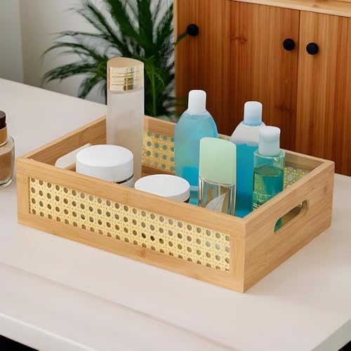 Panier de rangement en rotin rectangulaire boho pour meuble de salon